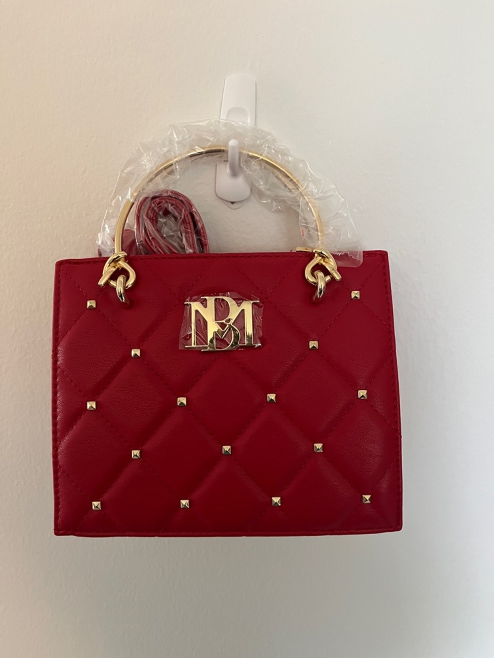 BADGLEY MISCHKA Red Quilted Studded Top-Handle Bag with Gold Hardware